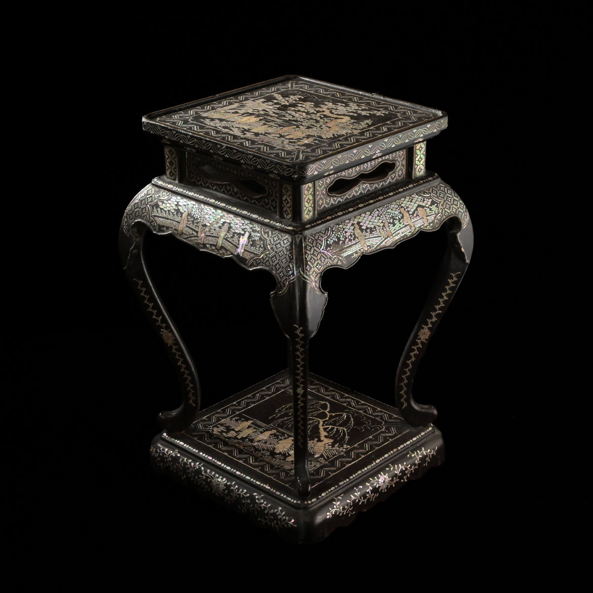中国　黒漆　螺鈿漢詩文　平卓　飾台　香炉台　V　6326 中国 黒漆 螺鈿漢詩文 平卓 飾台 香炉台 V 6326